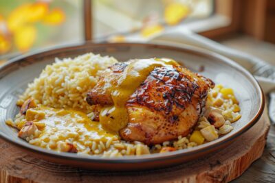 Découvrez la magie de la poule au pot, accompagnée de riz pilaf et d’une onctueuse sauce au curry