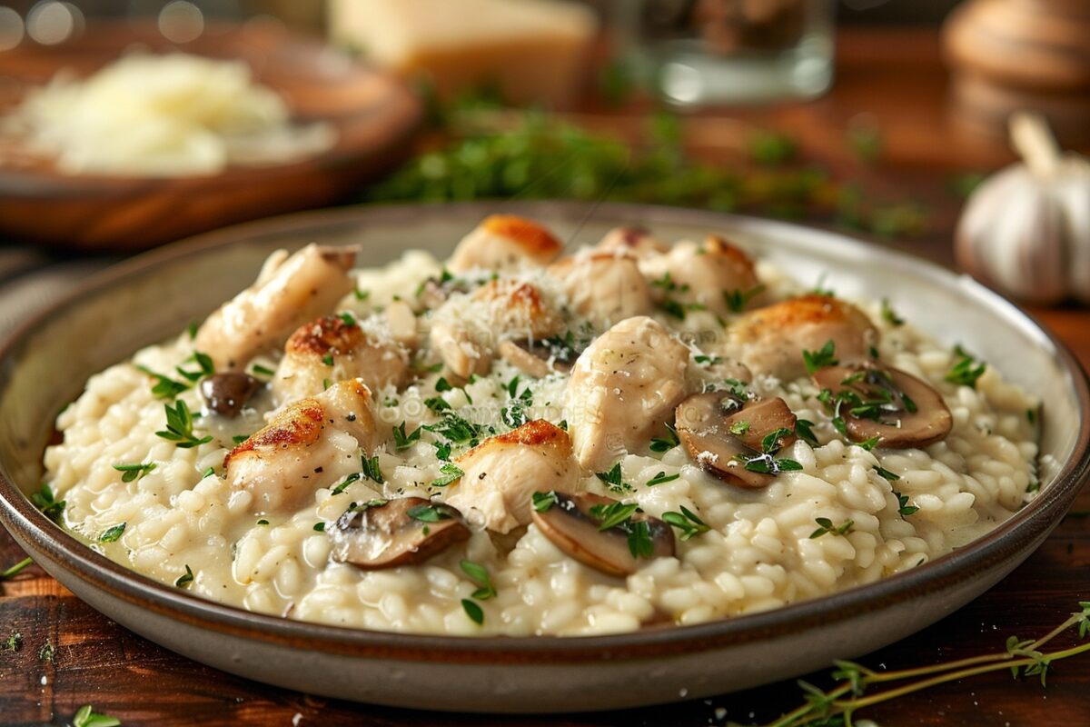 Découvrez le risotto de volaille aux champignons, une recette qui ravira vos papilles et celles de vos invités