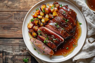 Découvrez notre recette exquise de magret de canard au miel, relevé de sauce soja et accompagné de fruits caramélisés