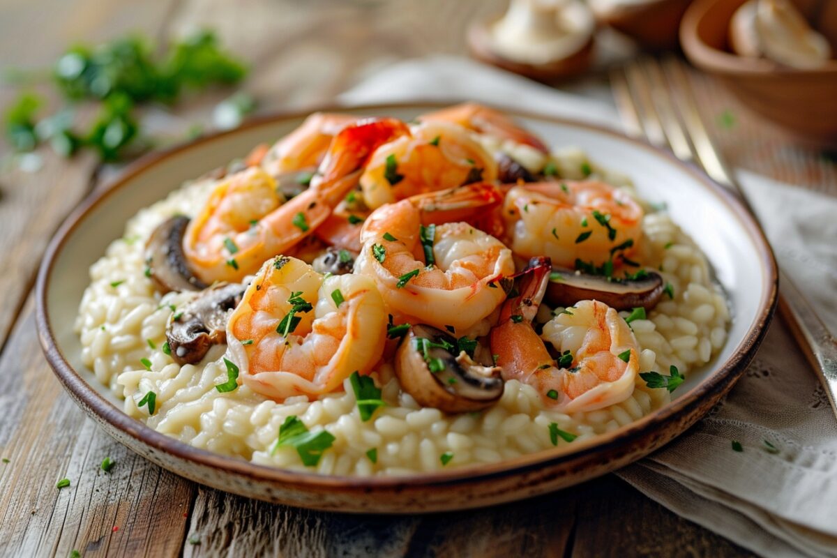 Découvrez un risotto au four réinventé avec des crevettes et des champignons pour surprendre vos papilles