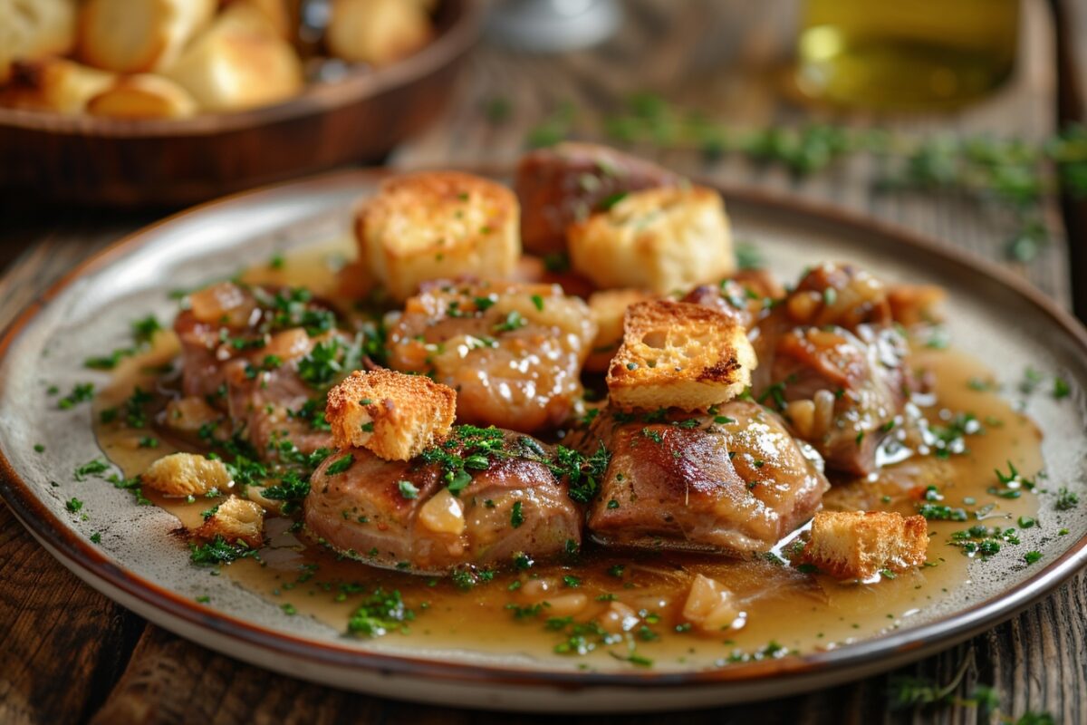 Redécouvrez le classique de la gastronomie française : la gibelotte de lapin accompagnée de croûtons croustillants