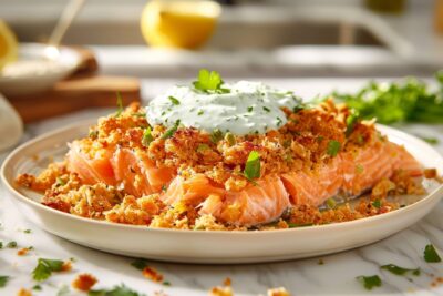 Redécouvrez le crumble au saumon avec une sauce au yaourt citronnée pour émoustiller vos papilles