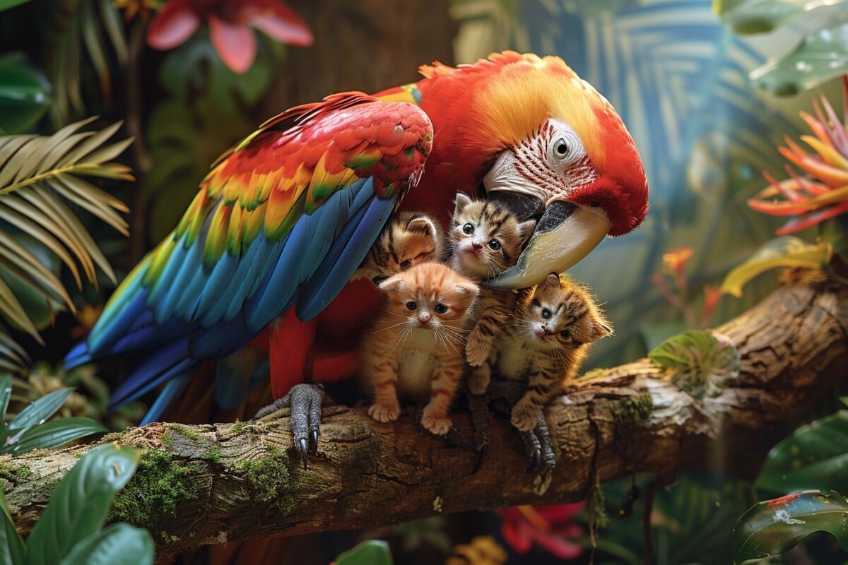 Une histoire incroyable : un perroquet ouvre son nid et son cœur à trois petits chatons orphelins abandonnés
